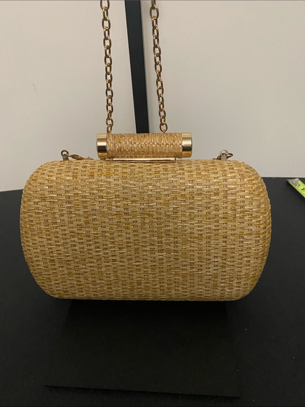 Woven Straw Cylinder Clutch with Gold Chain - Natural
